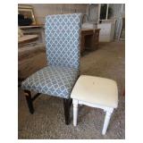 Blue Cushioned Chair with White Foot Stool