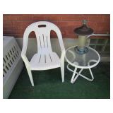 Plastic Chair, Bird feeder, Glass Table Plastic Chair, Bird feeder, Glass Table