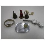 3) Small Metal Bells, Toy Gun, Horse Belt Buckle