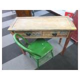 Wood Desk With Drawers And Green Chair