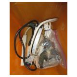 Bin with Extension Cords, Phone Cords, Surge-