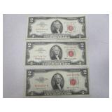 3) Red Seal Two Dollar Notes
