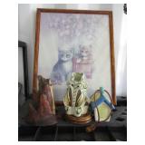 Framed Cat Print, Candle, Wood Piece, Bird House