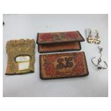 Tooled Leather Wallets, Leather Glove, Earrings,