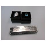 Silvertone Harmonica, Metal Ring, Blue Stone Ring