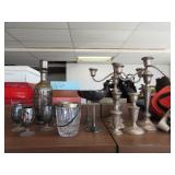 Decorative Silver Bottle, Cups, Candle Holders