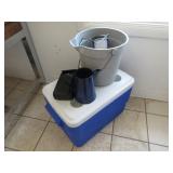 Coleman Cooler, Lead Rope, Kettle, Lantern, Bucket