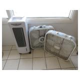 Evaporative Cooler, 2) Box Fans