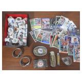 Sports Cards, Football Belt Buckles, 2) Knives,