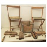 Folding Wooden chairs, Wooden Box, Bar Clamps,