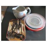 Pyrex Bowls, Glass Ashtray, Stone Pitcher,