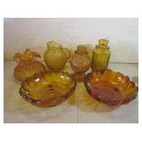Amber Glass Canisters, Pitcher, Bowls, Candy Dish,
