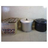 Enamel Canner, Juicer, Box and Tote of Canning