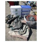 Multiple Extension Cords, Storage Shelves, Tarp