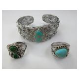 Silver Colored Bracelet And 2) Rings With Stone