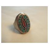 Sterling Silver / Turquoise / Coral Size 12 Ring