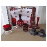 Ruby Red Glassware, Candle Holders, Vase