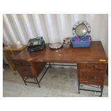 Wood  Desk With Metal Legs, Clock, Packers Clock