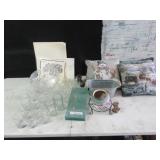 Contents On Table, Holiday Pillows, Glasses, Home