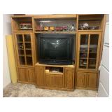 Oak Entertainment Center, TV, Train Decor, DVD