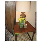 Rolling End Table, Lamp, Bird Figurine,