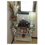 Checkered Bird House Table, Lamp, Vase
