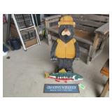 Wooden Bear Figure, Fish Welcome Sign,