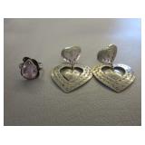 Sterling Silver Heart Earrings, Size 7 Ring
