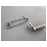 Sterling Silver / Turquoise / Coral Safety Pin,