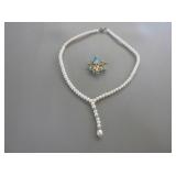 Pearl Necklace, Pearl / Turquoise Brooch