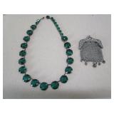 Early 1900s Green Glass Necklace, Coin Purse
