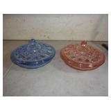Blue & Pink Glass Covered Bowls