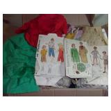 Box of Sewing Supplies, Patterns, Material