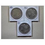 3) 1921 Morgan Silver Dollars