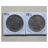 2) 1922 Silver Peace Dollars