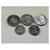1877, 1941, 1964 Silver Quarters, 1876 Silver Dime