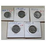 1925-S, 1928-P, 1925-D, 1935-P, 1937-S Buffalo
