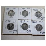6) Silver Standing Liberty Quarters; 1925, 1926,