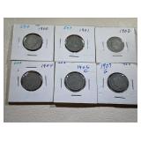 6) Silver Liberty "V" Nickels; 1900, 1901, 1902,