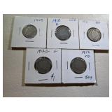 5) Silver Liberty "V" Nickels; 1909, 1910, 1911,