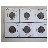 6) Silver Buffalo Nickels; 1918, 1926, 1926-S,
