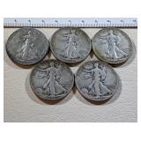 5) Silver Walking Liberty Half Dollars, 1927-S,