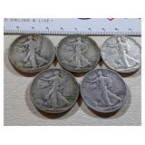 5) Silver Walking Liberty Half Dollars; 1927-S,