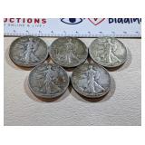 5) Silver Walking Liberty Half Dollars; 1936,