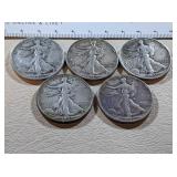 5) Silver Walking Liberty Half Dollars; 1936,