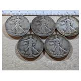 5) Silver Walking Liberty Half Dollars, 1942-S,