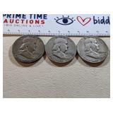 3) Benjamin Franklin Silver Half Dollars; 1951,