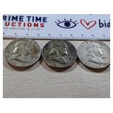 3) Benjamin Franklin Silver Half Dollars; 1954,