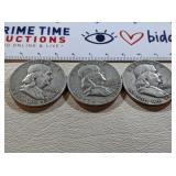 3) Benjamin Franklin Silver Half Dollars; 1954,