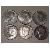 6) 1964 Silver Kennedy Half Dollars